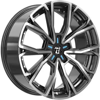 Wolfrace 71 Matrix Custom Gloss Raven Black Polished Blue Inserts Alloy Wheels Image