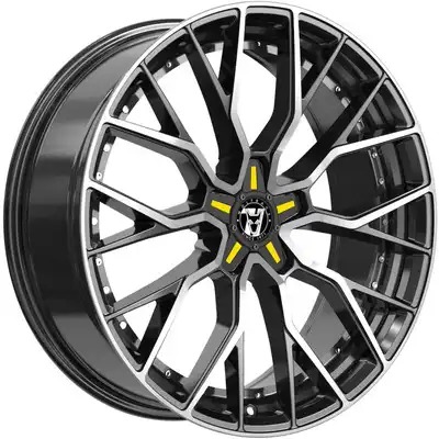 Wolfrace 71 Munich GTR Custom Gloss Raven Black Polished Yellow Inserts Alloy Wheels Image