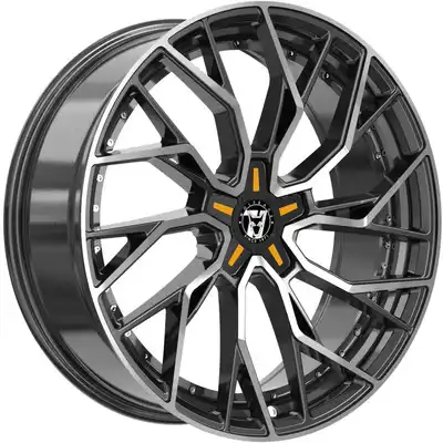 Wolfrace 71 Voodoo Custom Gloss Raven Black Polished Orange Inserts Alloy Wheels Image