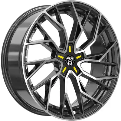 Wolfrace 71 Voodoo Custom Gloss Raven Black Polished Yellow Inserts Alloy Wheels Image