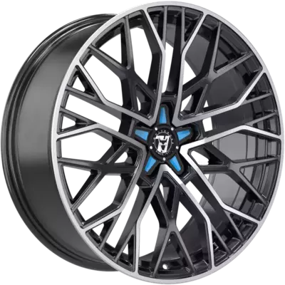 Wolfrace 71 Venom Custom Gloss Raven Black Polished Blue Inserts Alloy Wheels Image