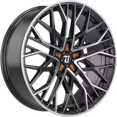 Wolfrace 71 Venom Custom Gloss Raven Black Polished Orange Inserts Alloy Wheels Image