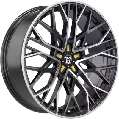 Wolfrace 71 Venom Custom Gloss Raven Black Polished Yellow Inserts Alloy Wheels Image