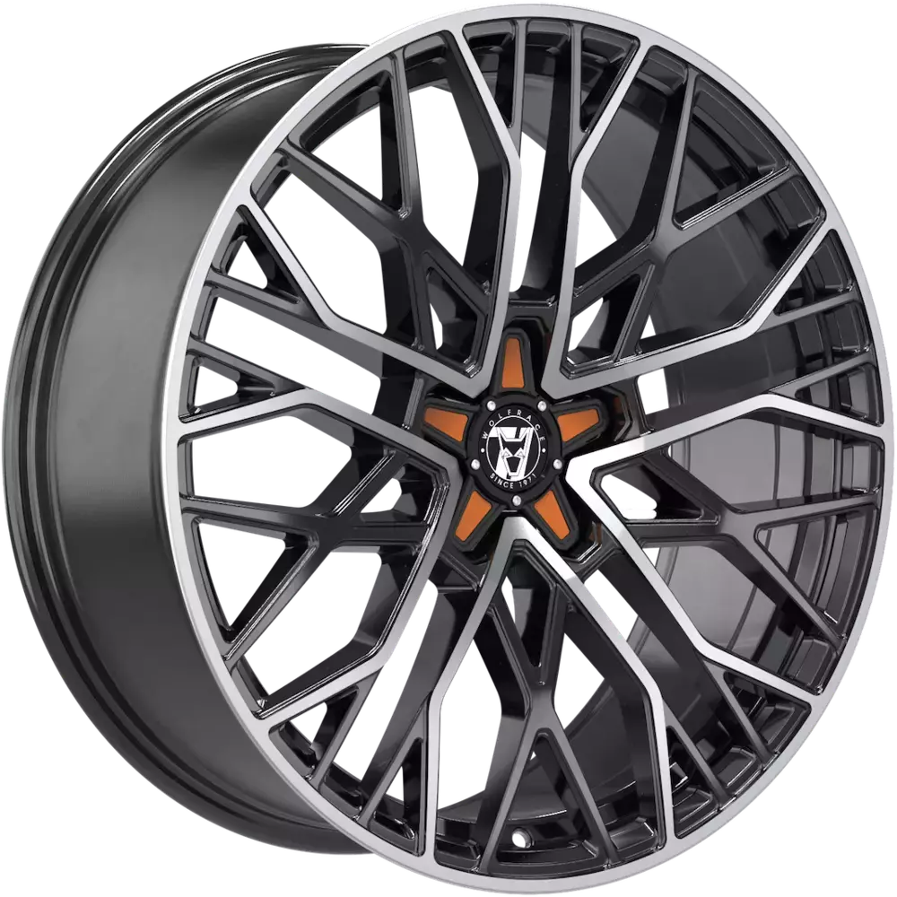 9x20 Wolfrace 71 Venom Custom Gloss Raven Black Polished Orange Inserts